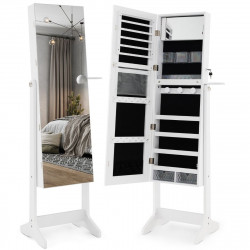 Armoire à Bijoux sur pied, Miroir pleine longueur, LED 3 Couleurs, Verrouillable, Miroir intérieur, Support Sèche-Cheveux
