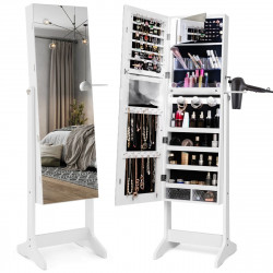 Armoire à Bijoux sur pied, Miroir pleine longueur, LED 3 Couleurs, Verrouillable, Miroir intérieur, Support Sèche-Cheveux
