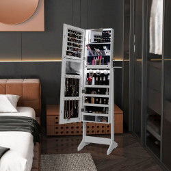 Armoire à Bijoux sur pied, Miroir pleine longueur, LED 3 Couleurs, Verrouillable, Miroir intérieur, Support Sèche-Cheveux