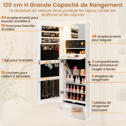 Armoire à Bijoux murale, Miroir pleine longueur, LED 3 Couleurs, Miroir intérieur, Porte verrouillable