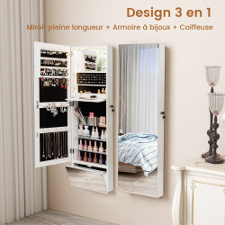 Armoire à Bijoux murale, Miroir pleine longueur, LED 3 Couleurs, Miroir intérieur, Porte verrouillable
