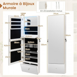 Armoire à Bijoux murale, Miroir pleine longueur, LED 3 Couleurs, Miroir intérieur, Porte verrouillable