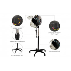 Sèche-cheveux casque professionnel 1300W : hauteur réglable, température ajustable, minuterie intégrée