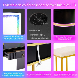 Ensemble coiffeuse avec miroir LED RVB : 7 modes dynamiques et 7 modes statiques, rangement intégré