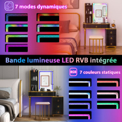 Ensemble coiffeuse avec miroir LED RVB : 7 modes dynamiques et 7 modes statiques, rangement intégré
