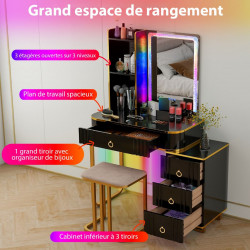 Ensemble coiffeuse avec miroir LED RVB : 7 modes dynamiques et 7 modes statiques, rangement intégré