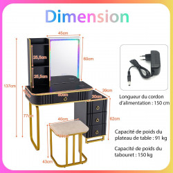 Ensemble coiffeuse avec miroir LED RVB : 7 modes dynamiques et 7 modes statiques, rangement intégré