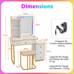 Ensemble coiffeuse avec miroir LED RVB : 7 modes dynamiques et 7 modes statiques, rangement intégré