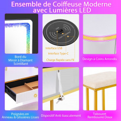 Ensemble coiffeuse avec miroir LED RVB : 7 modes dynamiques et 7 modes statiques, rangement intégré