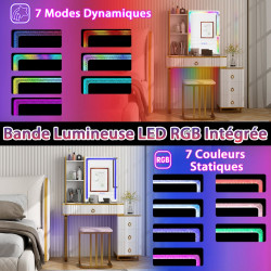 Ensemble coiffeuse avec miroir LED RVB : 7 modes dynamiques et 7 modes statiques, rangement intégré