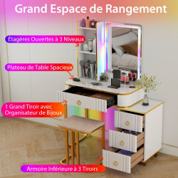 Ensemble coiffeuse avec miroir LED RVB : 7 modes dynamiques et 7 modes statiques, rangement intégré