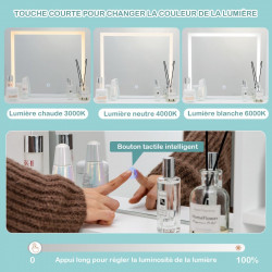 Coiffeuse avec miroir LED : 3 couleurs réglables, rangement spacieux et tabouret rembourré