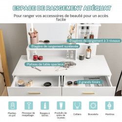 Coiffeuse avec miroir LED : 3 couleurs réglables, rangement spacieux et tabouret rembourré