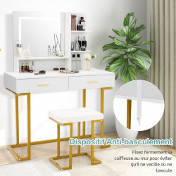 Coiffeuse avec miroir LED : 3 couleurs réglables, rangement spacieux et tabouret rembourré