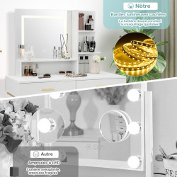 Coiffeuse avec miroir LED : 3 couleurs réglables, rangement spacieux et tabouret rembourré