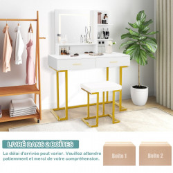 Coiffeuse avec miroir LED : 3 couleurs réglables, rangement spacieux et tabouret rembourré