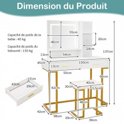 Coiffeuse avec miroir LED : 3 couleurs réglables, rangement spacieux et tabouret rembourré